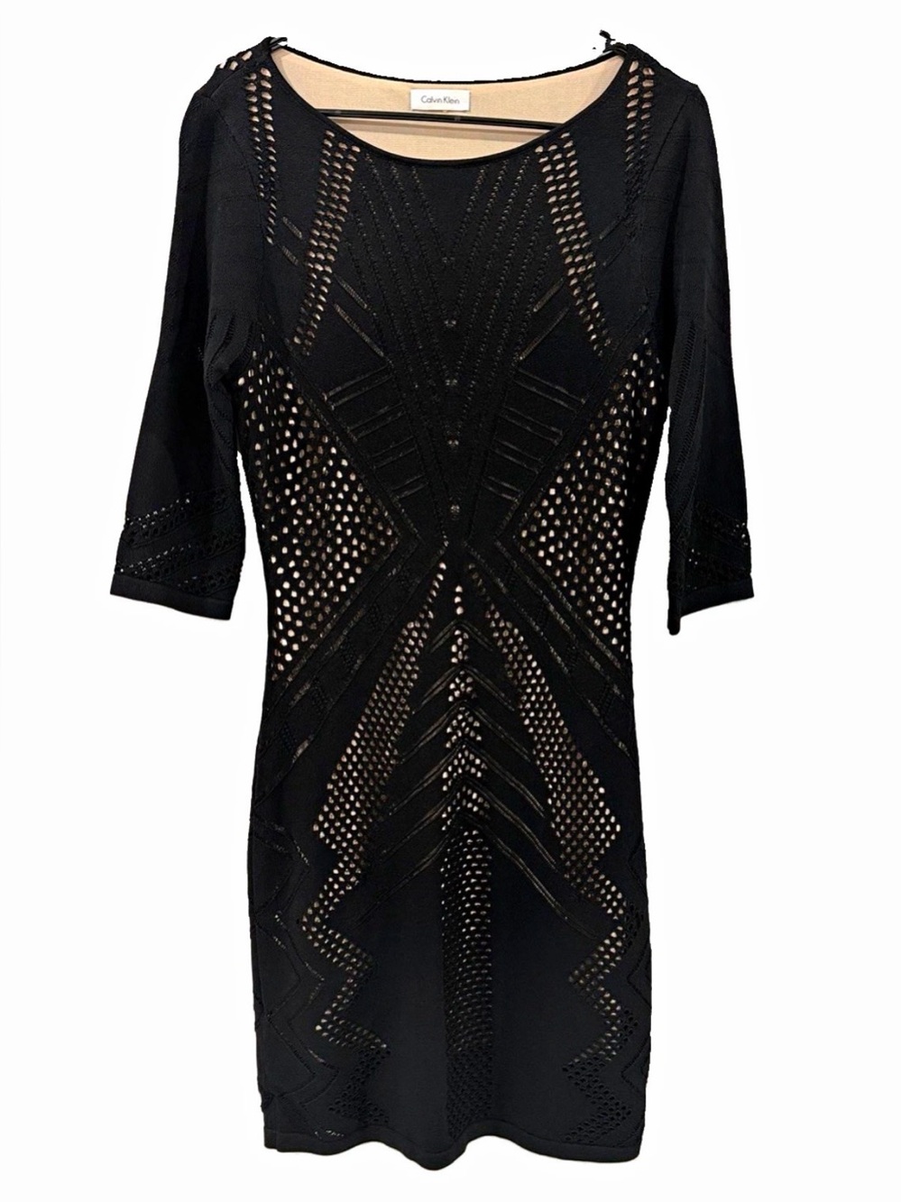Calvin Klein Black Cut-Out Knit Sheath Bodycon Dress Women’s S 3/4 Sleeve